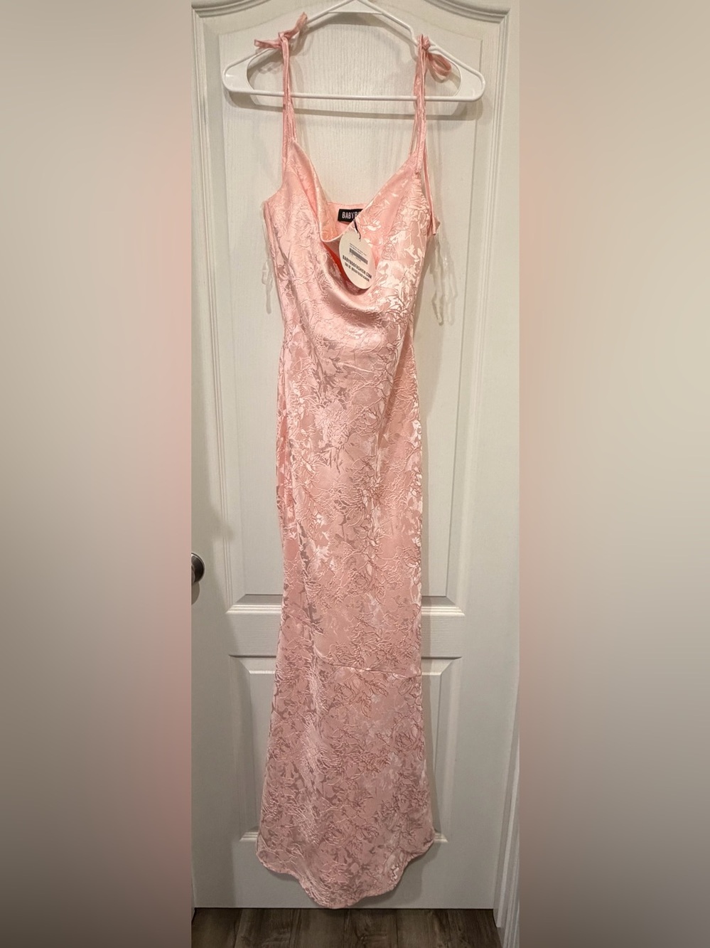 Blush Pink Floral Jacquard Maxi Slip Dress with Tie Shoulders